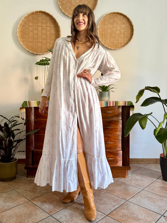 1970's vintage white cotton prairie maxi dress with pink floral print and Peter Pan collar