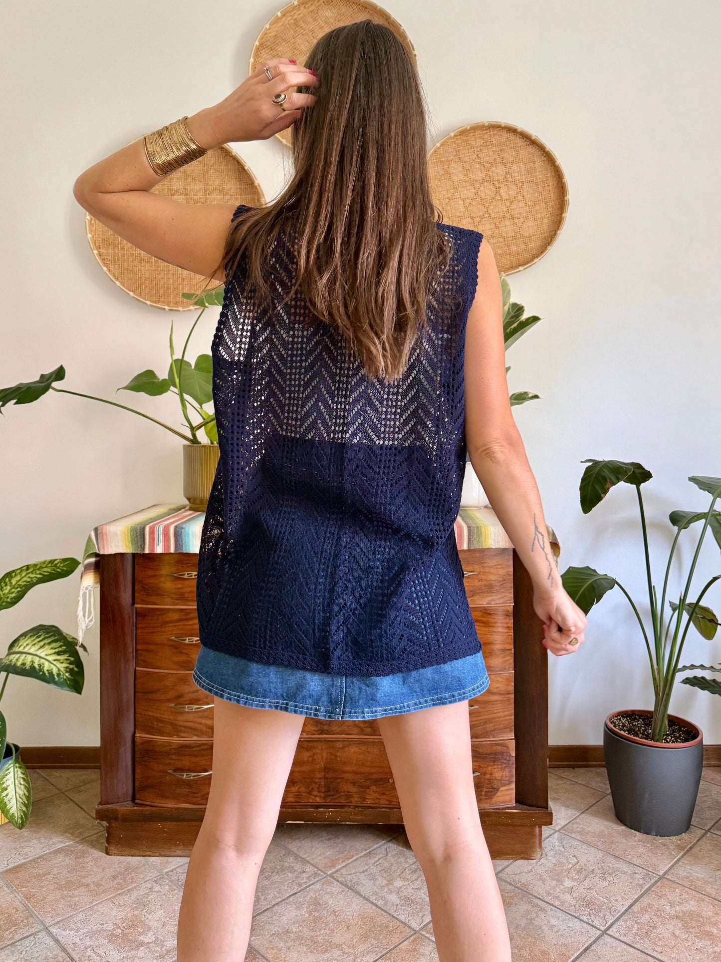 1990's vintage navy blue crochet vest