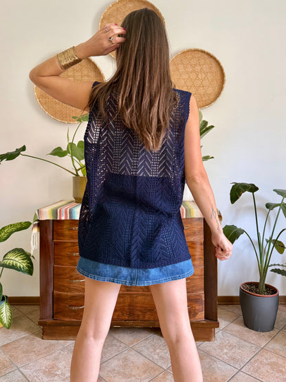 1990's vintage navy blue crochet vest