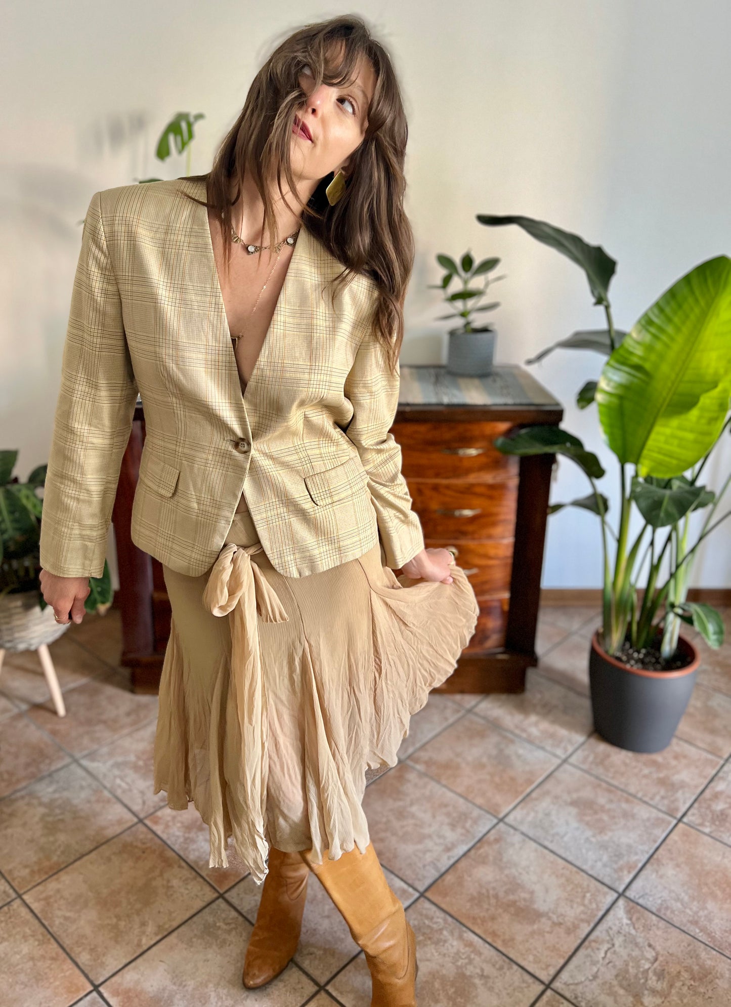 1990's vintage tan and organe plaid tailored blazer