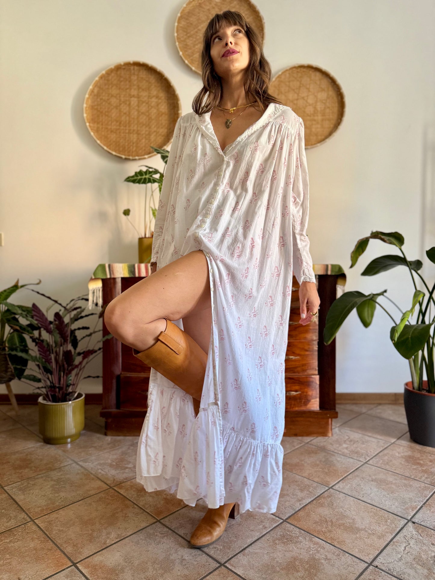 1970's vintage white cotton prairie maxi dress with pink floral print and Peter Pan collar