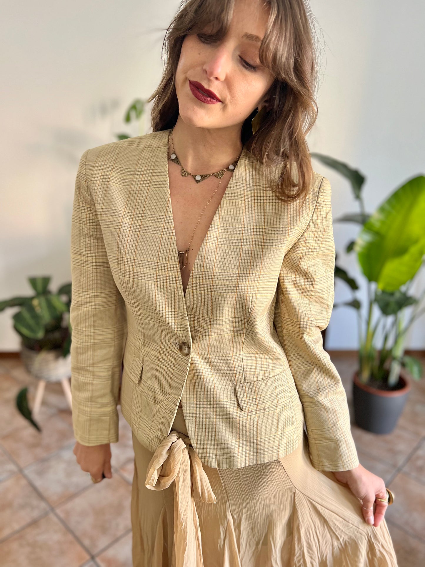 1990's vintage tan and organe plaid tailored blazer