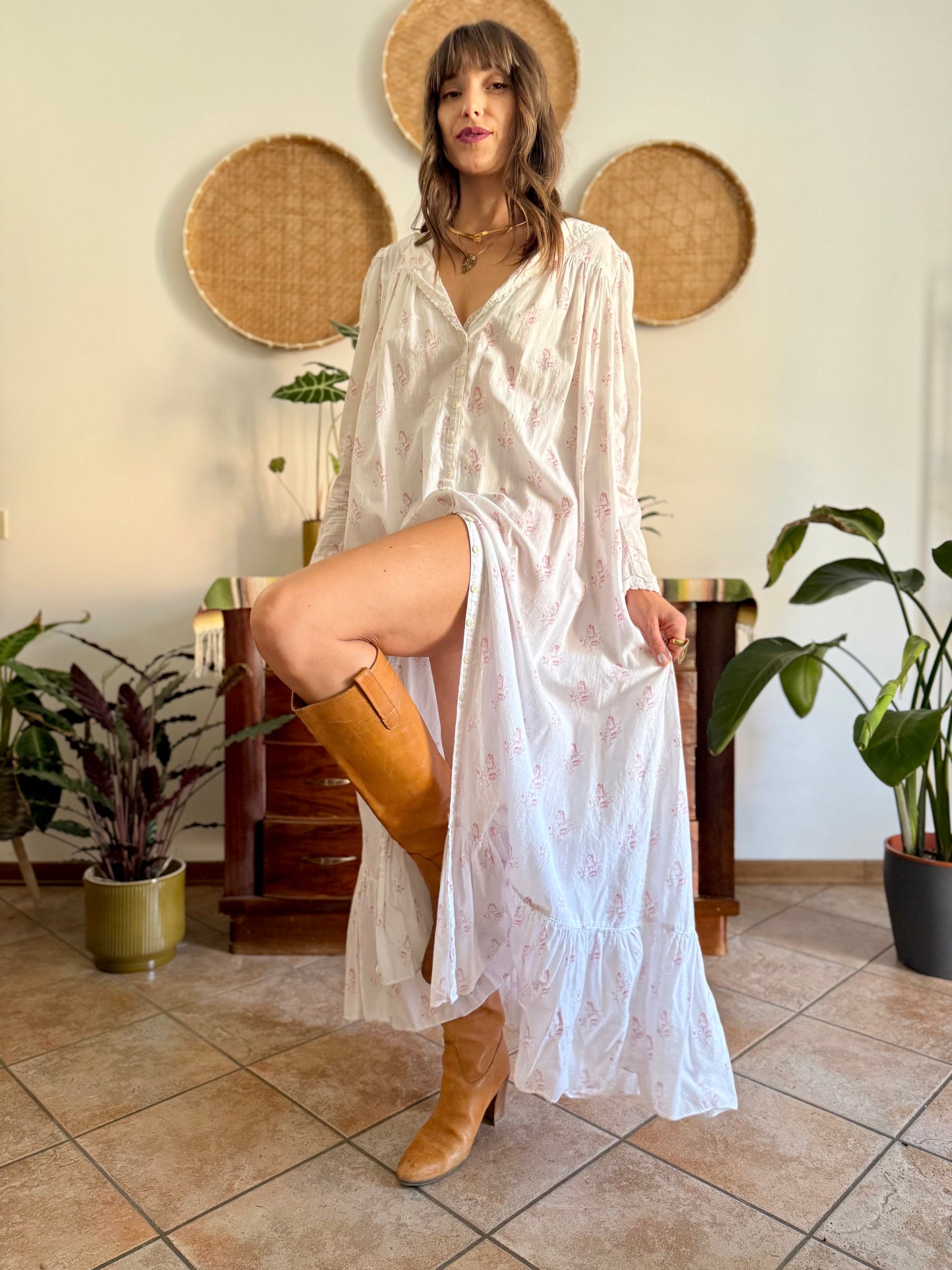 1970's vintage white cotton prairie maxi dress with pink floral print and Peter Pan collar