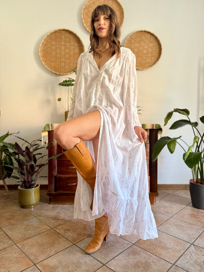 1970's vintage white cotton prairie maxi dress with pink floral print and Peter Pan collar