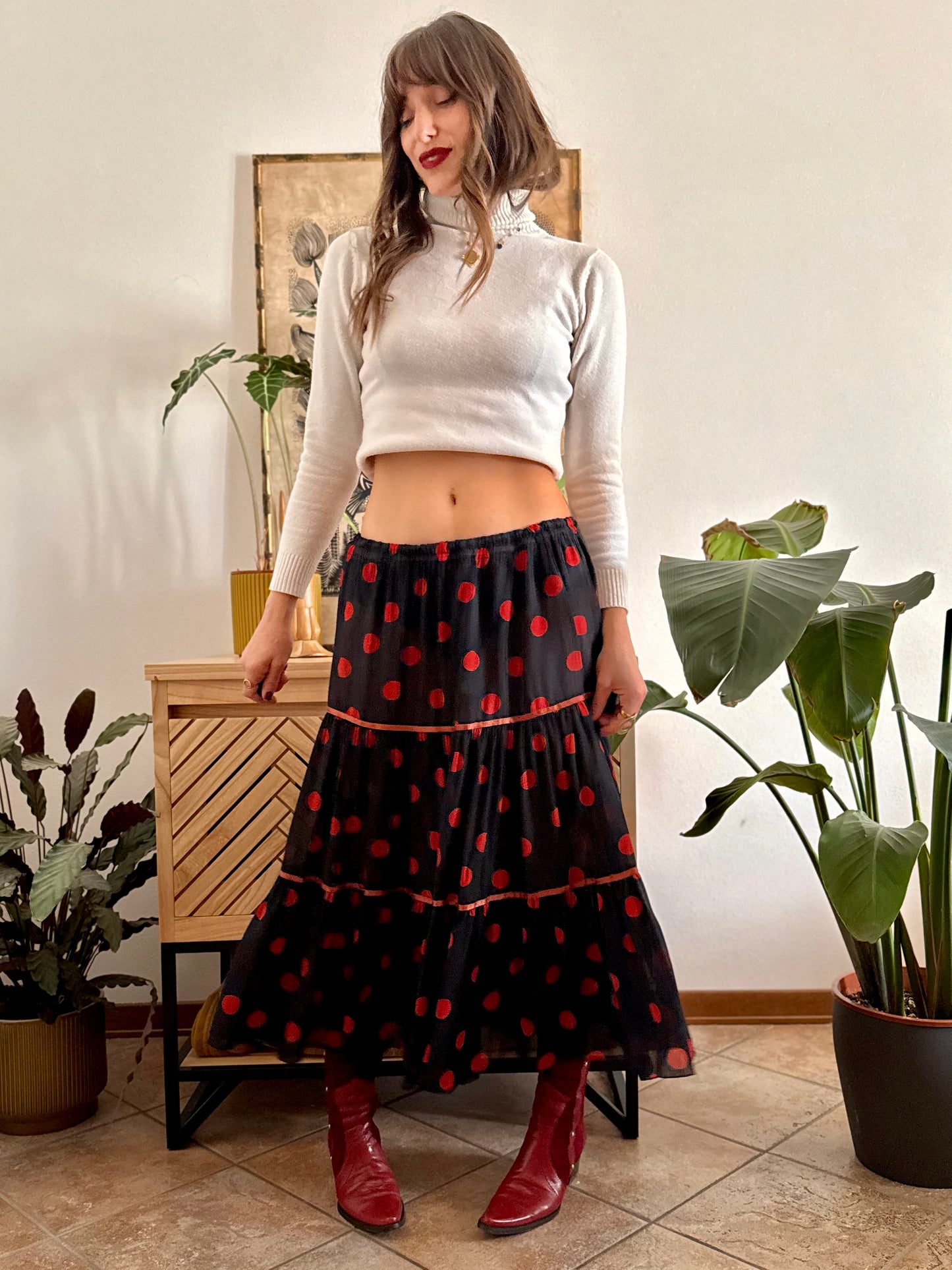 1970's vintage sheer black maxi skirt with red polkadots