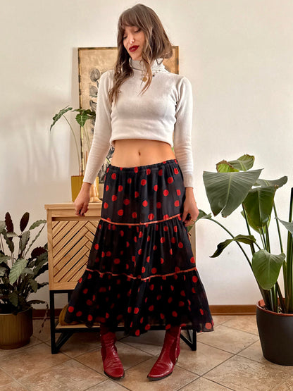 1970's vintage sheer black maxi skirt with red polkadots