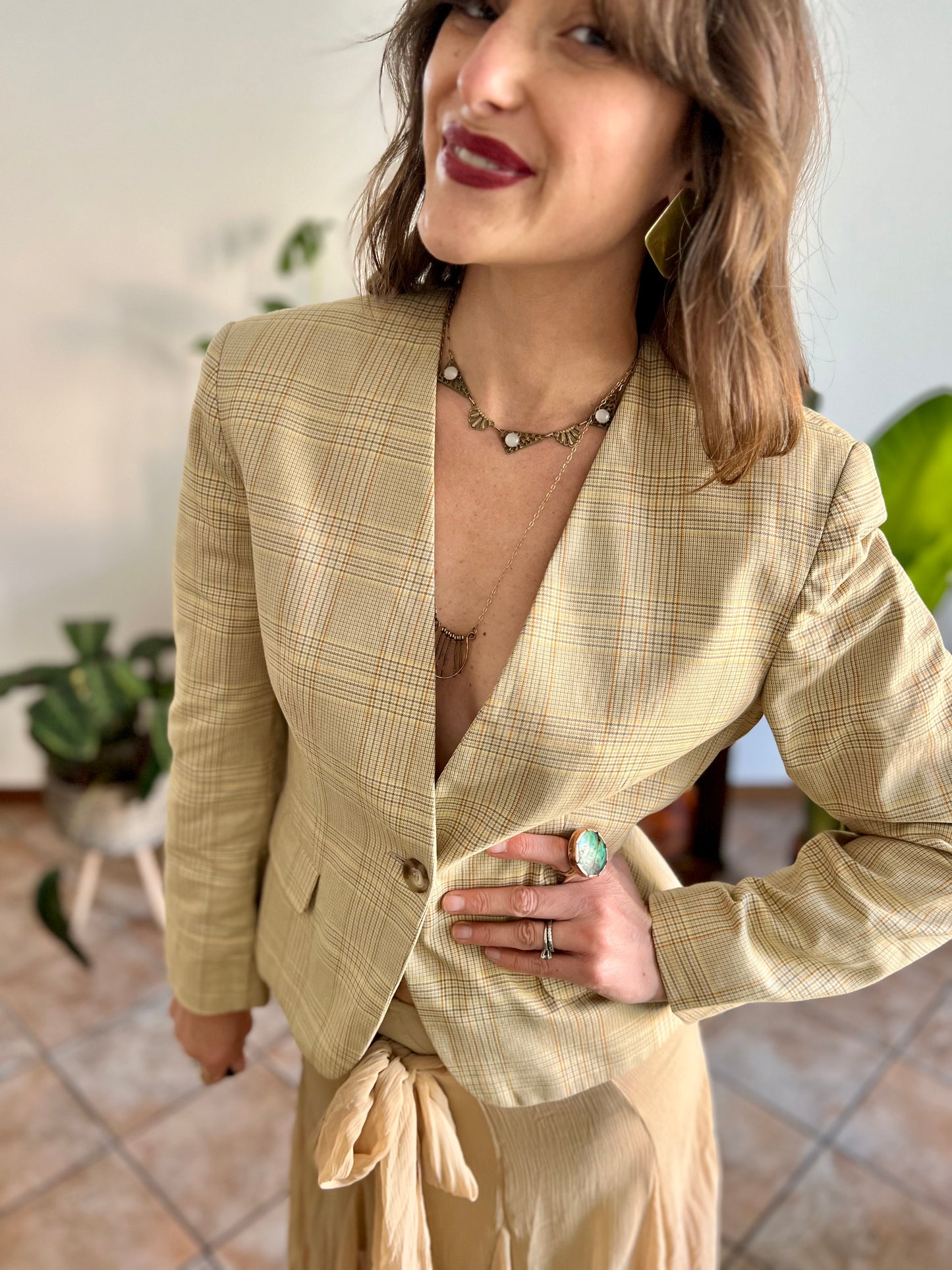1990's vintage tan and organe plaid tailored blazer