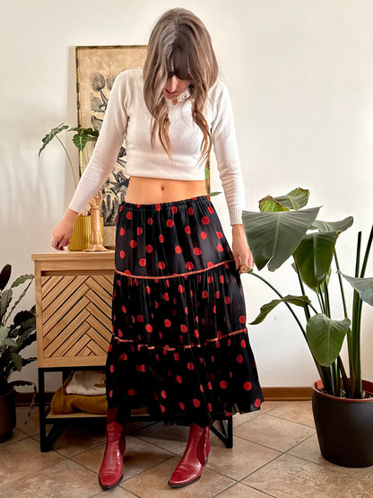 1970's vintage sheer black maxi skirt with red polkadots