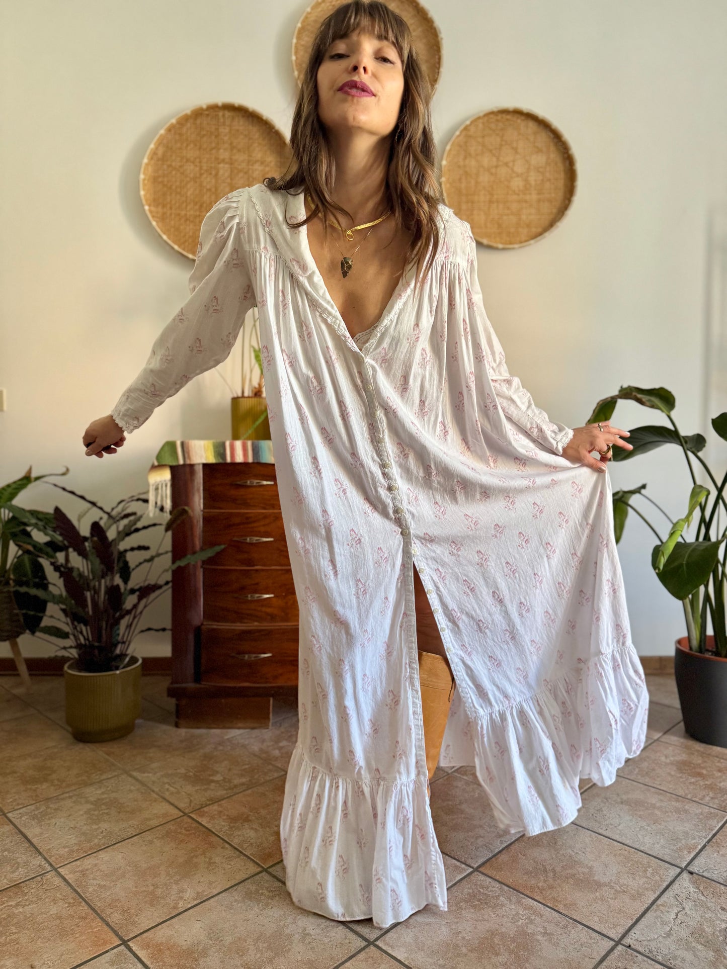 1970's vintage white cotton prairie maxi dress with pink floral print and Peter Pan collar
