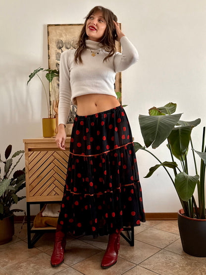 1970's vintage sheer black maxi skirt with red polkadots