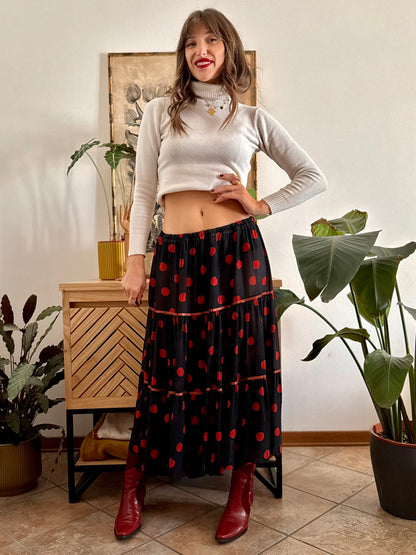 1970's vintage sheer black maxi skirt with red polkadots