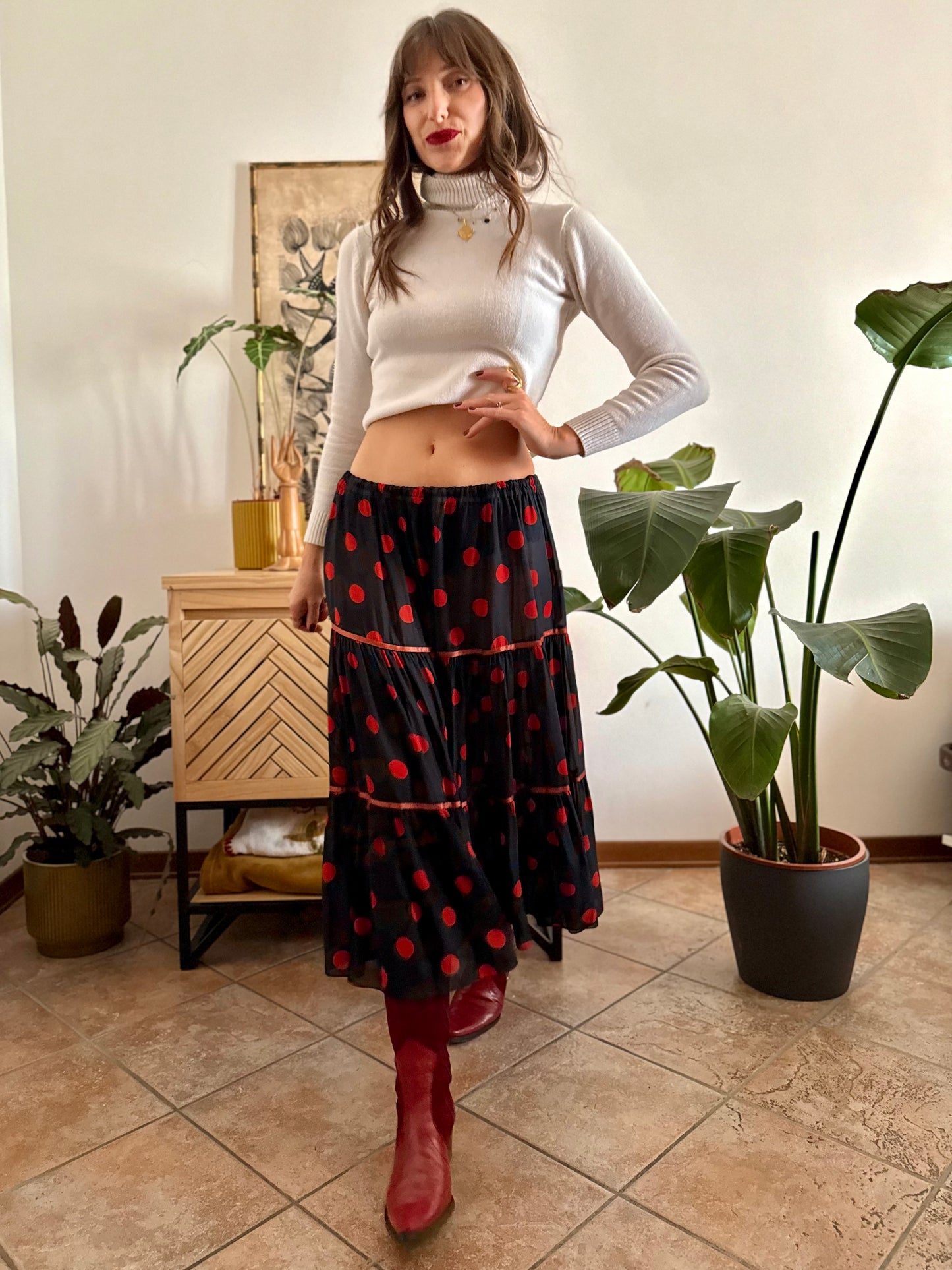 1970's vintage sheer black maxi skirt with red polkadots