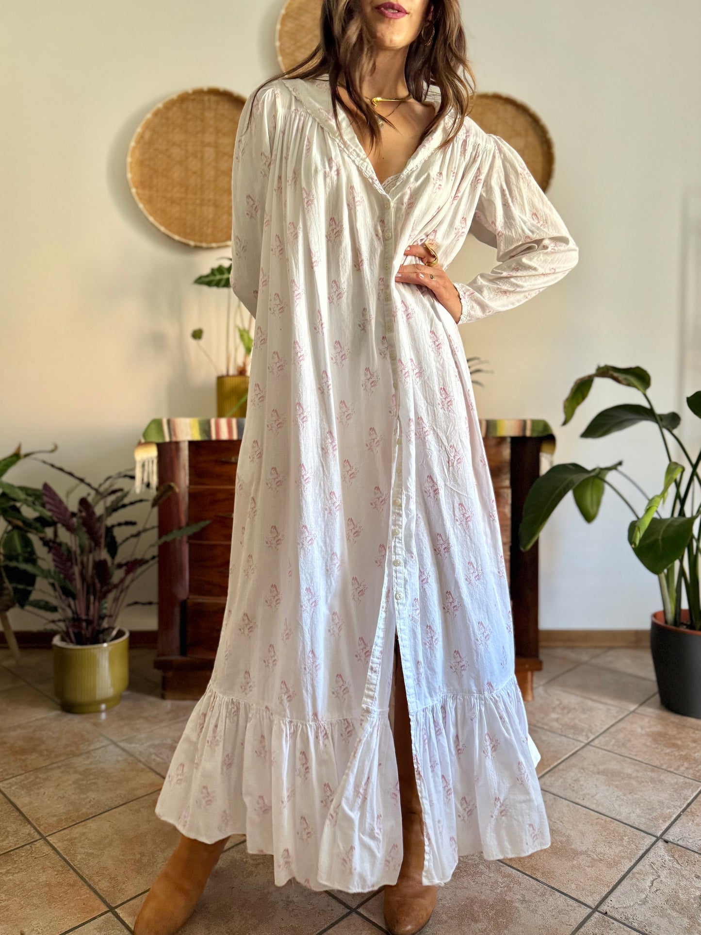 1970's vintage white cotton prairie maxi dress with pink floral print and Peter Pan collar