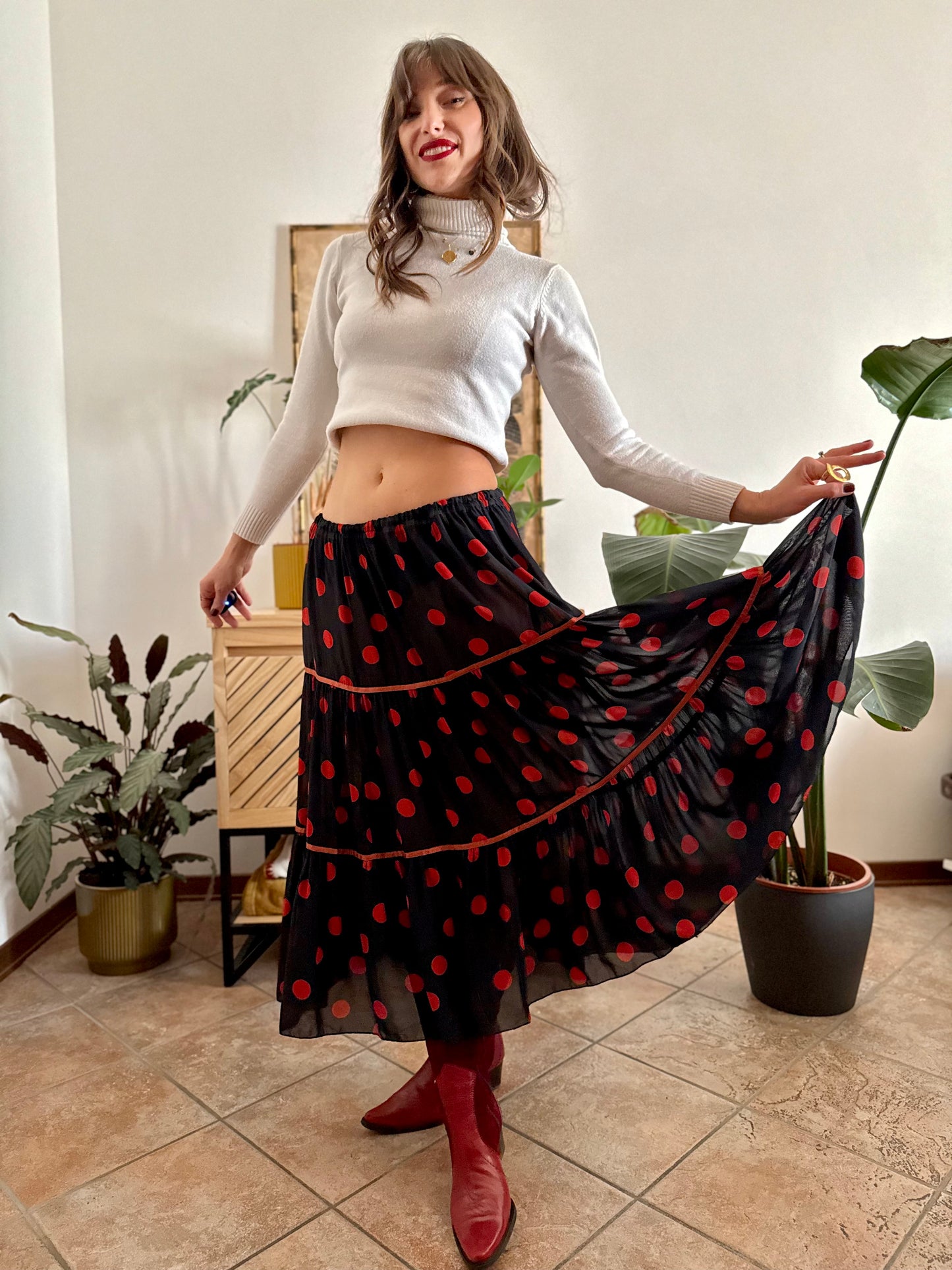 1970's vintage sheer black maxi skirt with red polkadots
