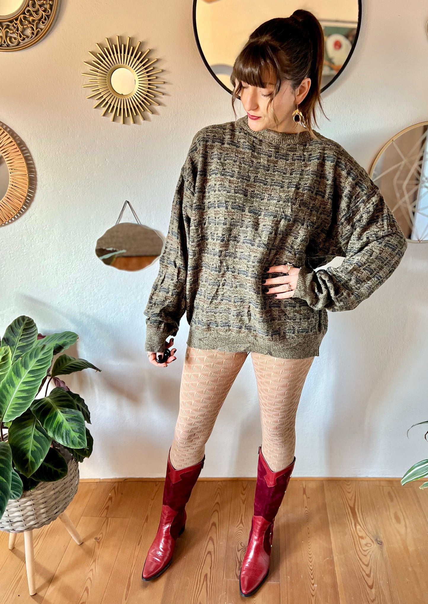 1990's vintage grey, brown and navy unisex oversize knit pullover