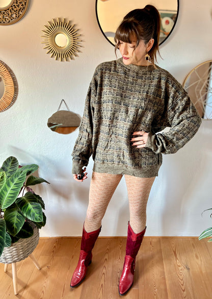 1990's vintage grey, brown and navy unisex oversize knit pullover