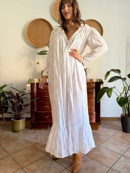 1970's vintage white cotton prairie maxi dress with pink floral print and Peter Pan collar