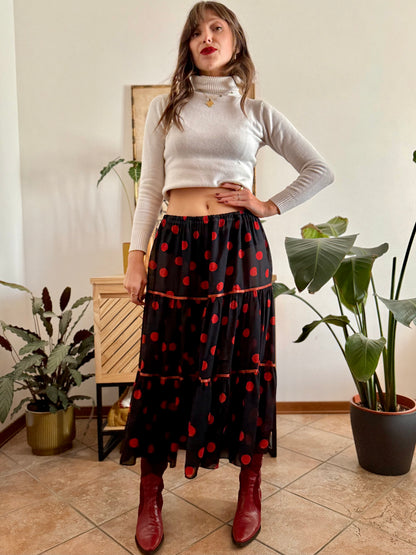 1970's vintage sheer black maxi skirt with red polkadots