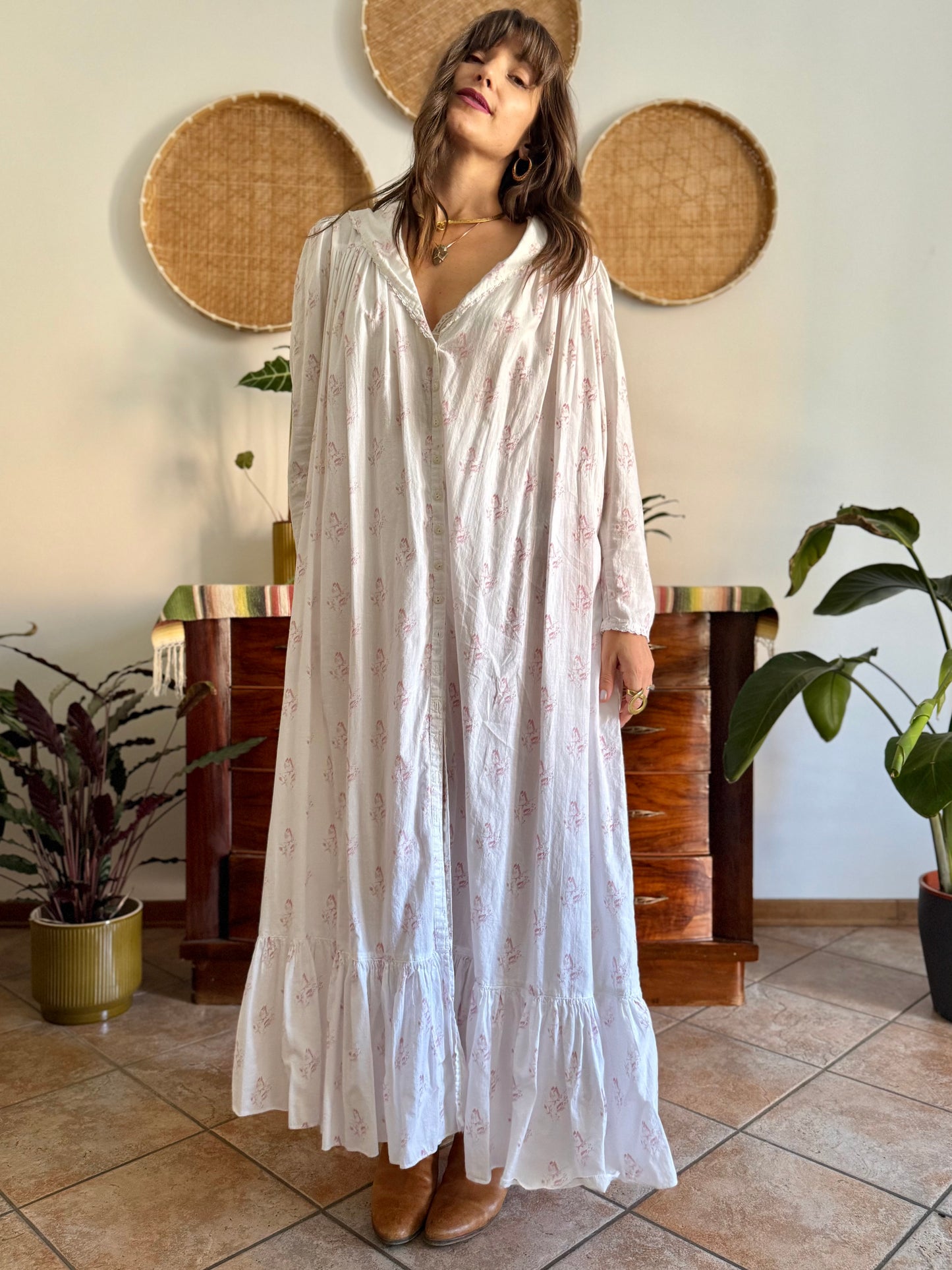 1970's vintage white cotton prairie maxi dress with pink floral print and Peter Pan collar