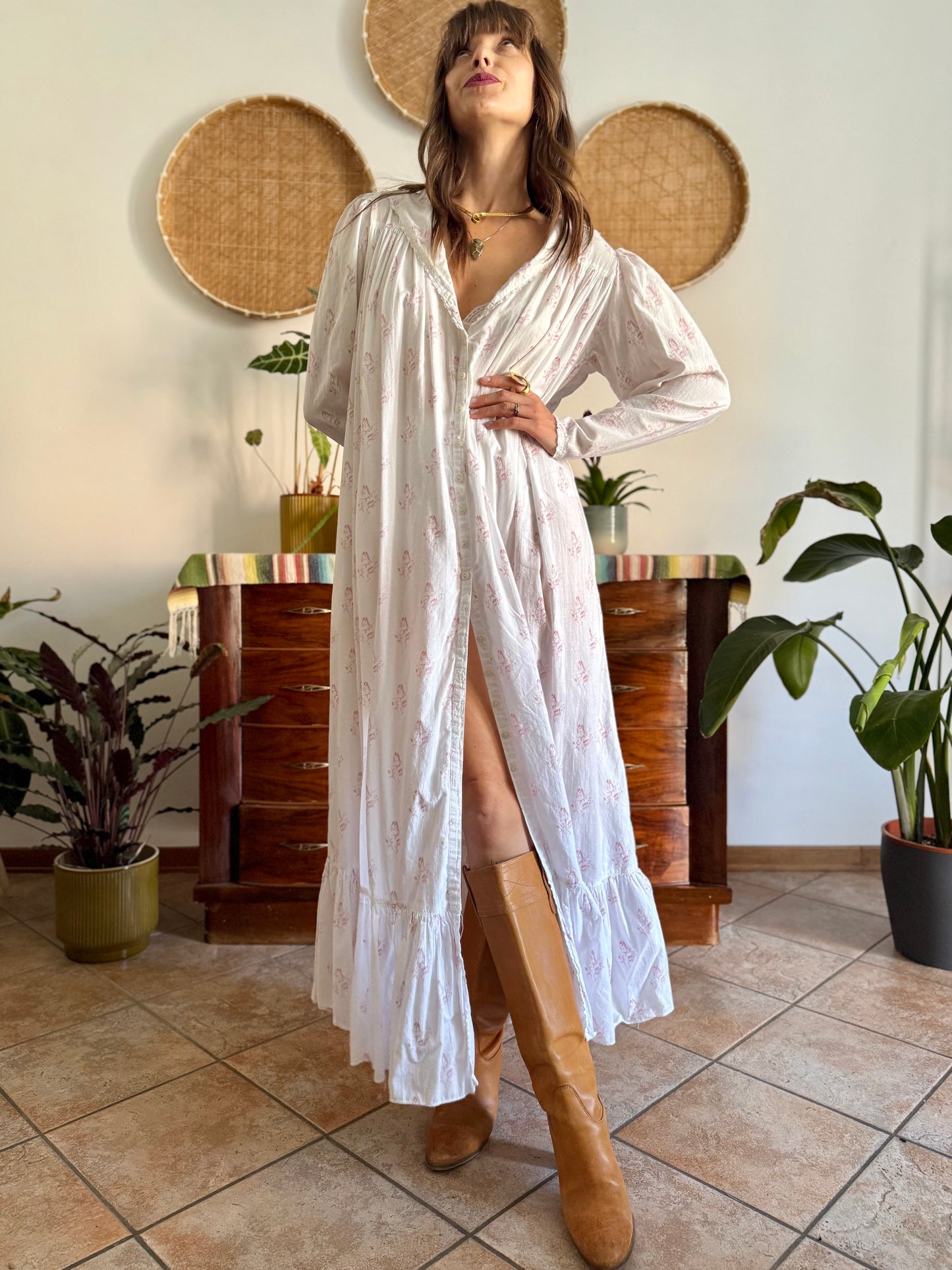 1970's vintage white cotton prairie maxi dress with pink floral print and Peter Pan collar