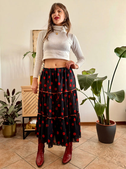 1970's vintage sheer black maxi skirt with red polkadots