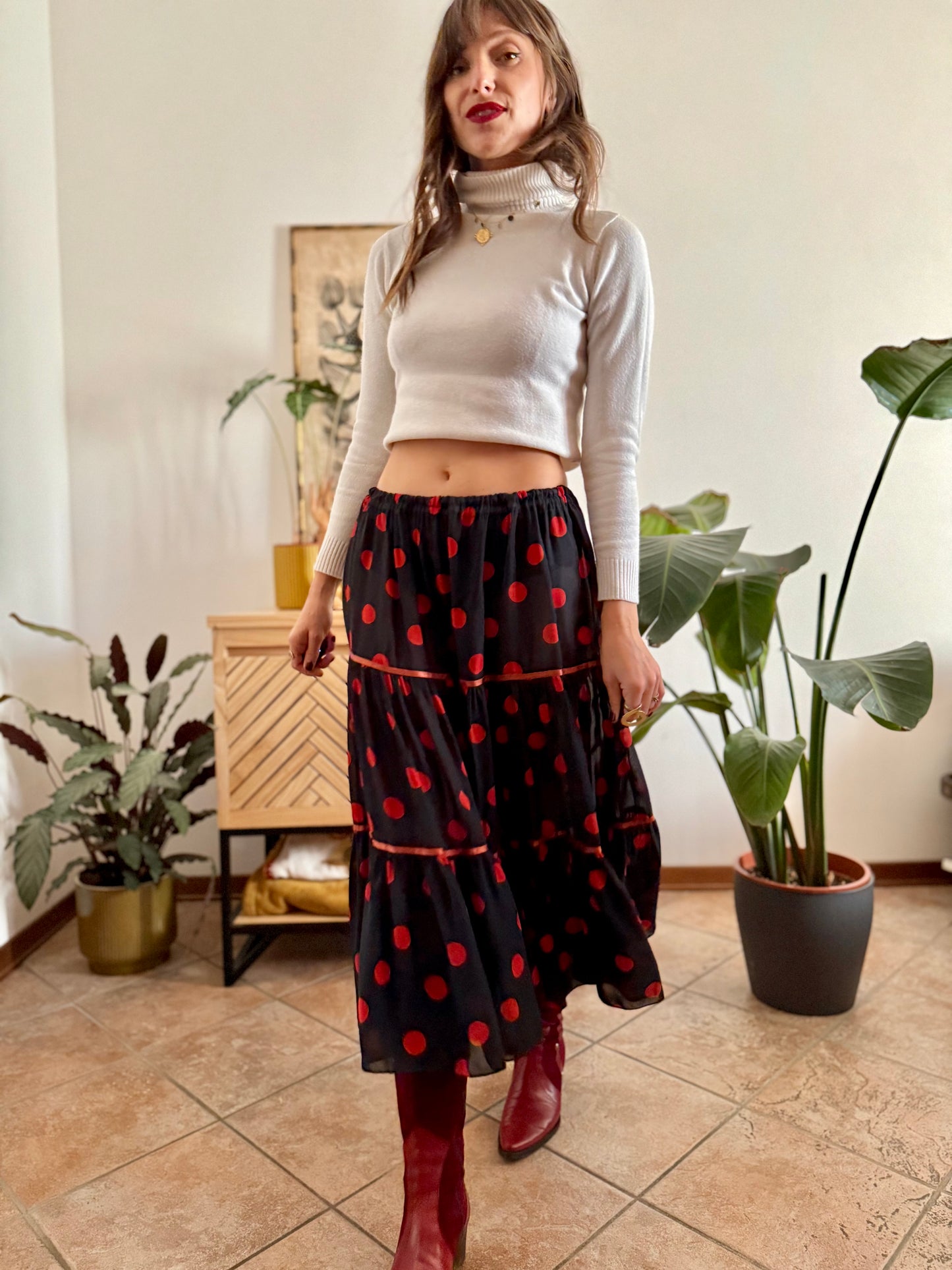 1970's vintage sheer black maxi skirt with red polkadots