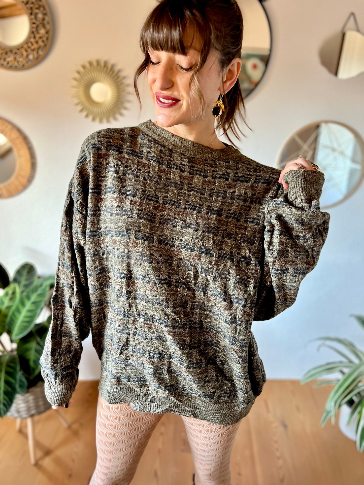 1990's vintage grey, brown and navy unisex oversize knit pullover