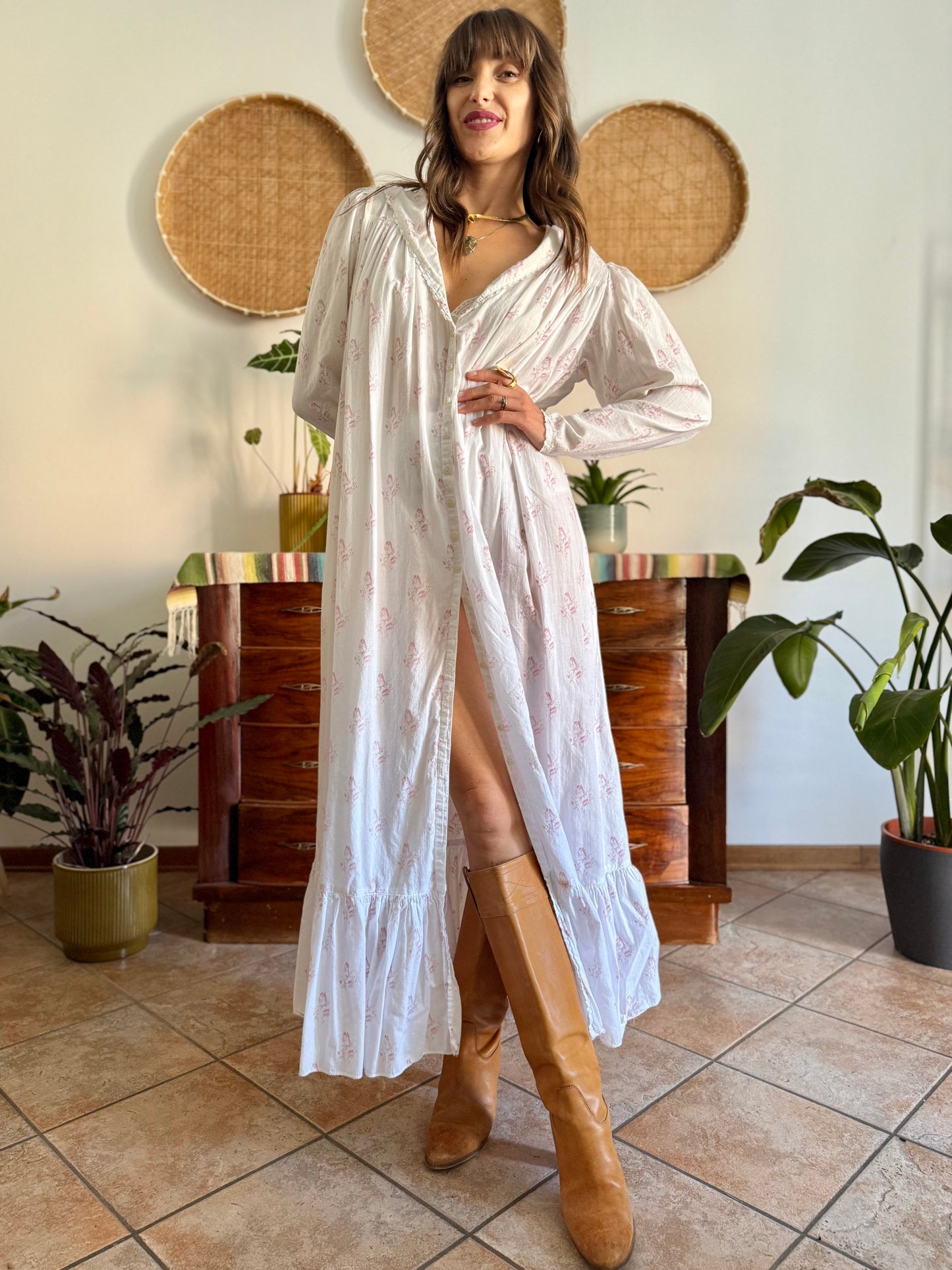 1970's vintage white cotton prairie maxi dress with pink floral print and Peter Pan collar