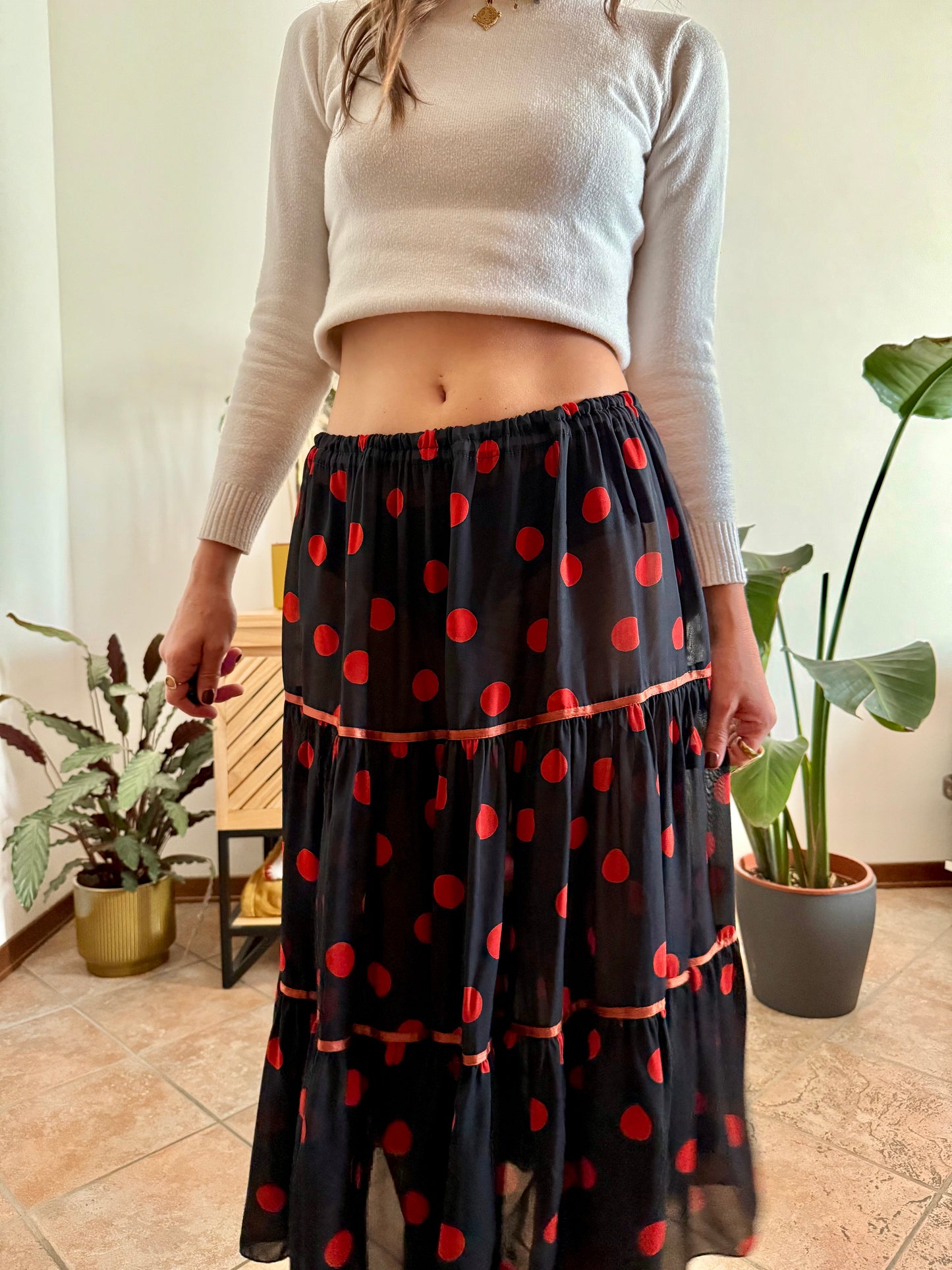 1970's vintage sheer black maxi skirt with red polkadots