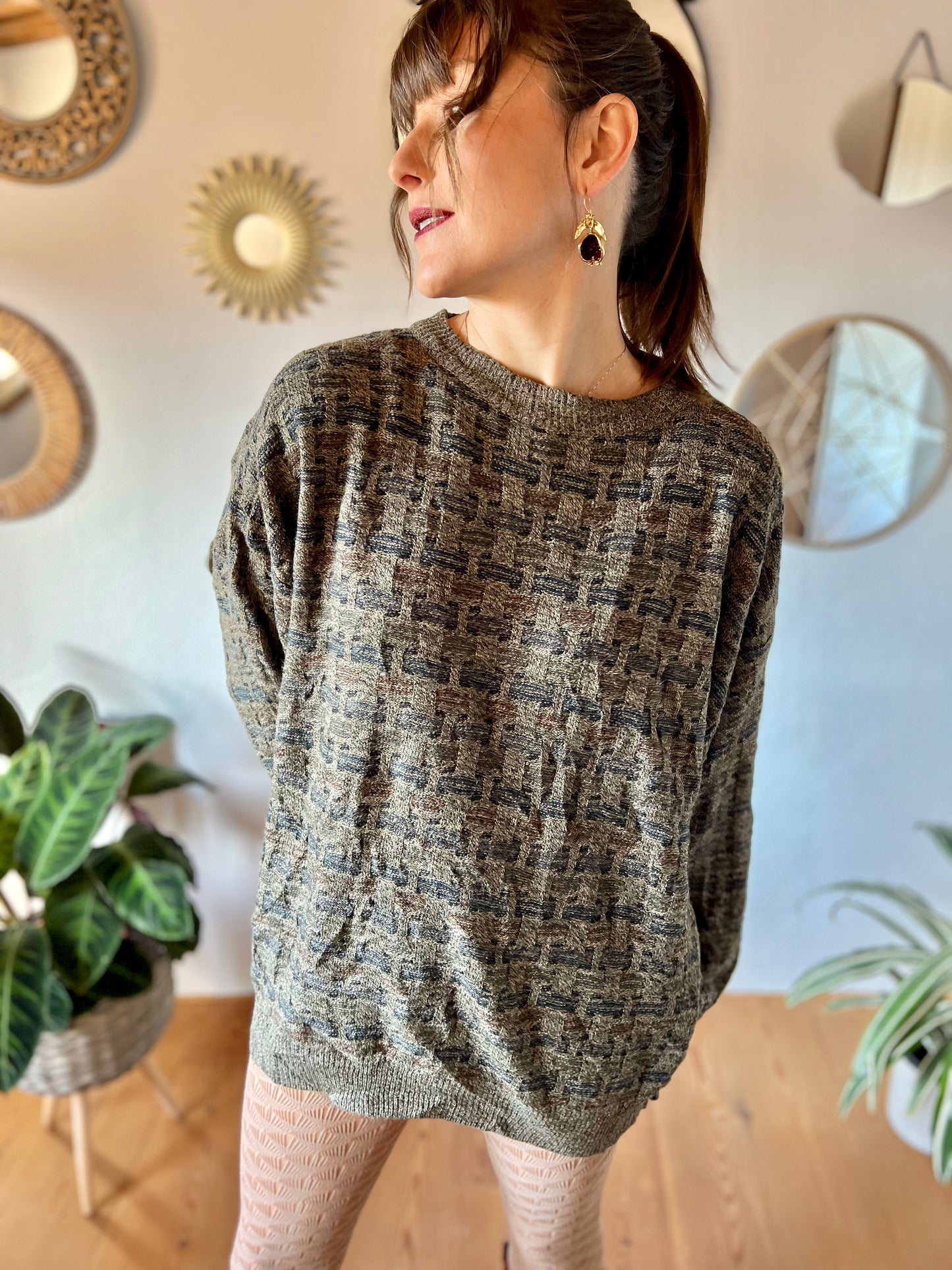 1990's vintage grey, brown and navy unisex oversize knit pullover