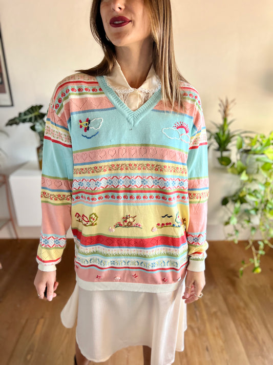 1970's vintage multicolor knit pullover with outdoor scene embroidery