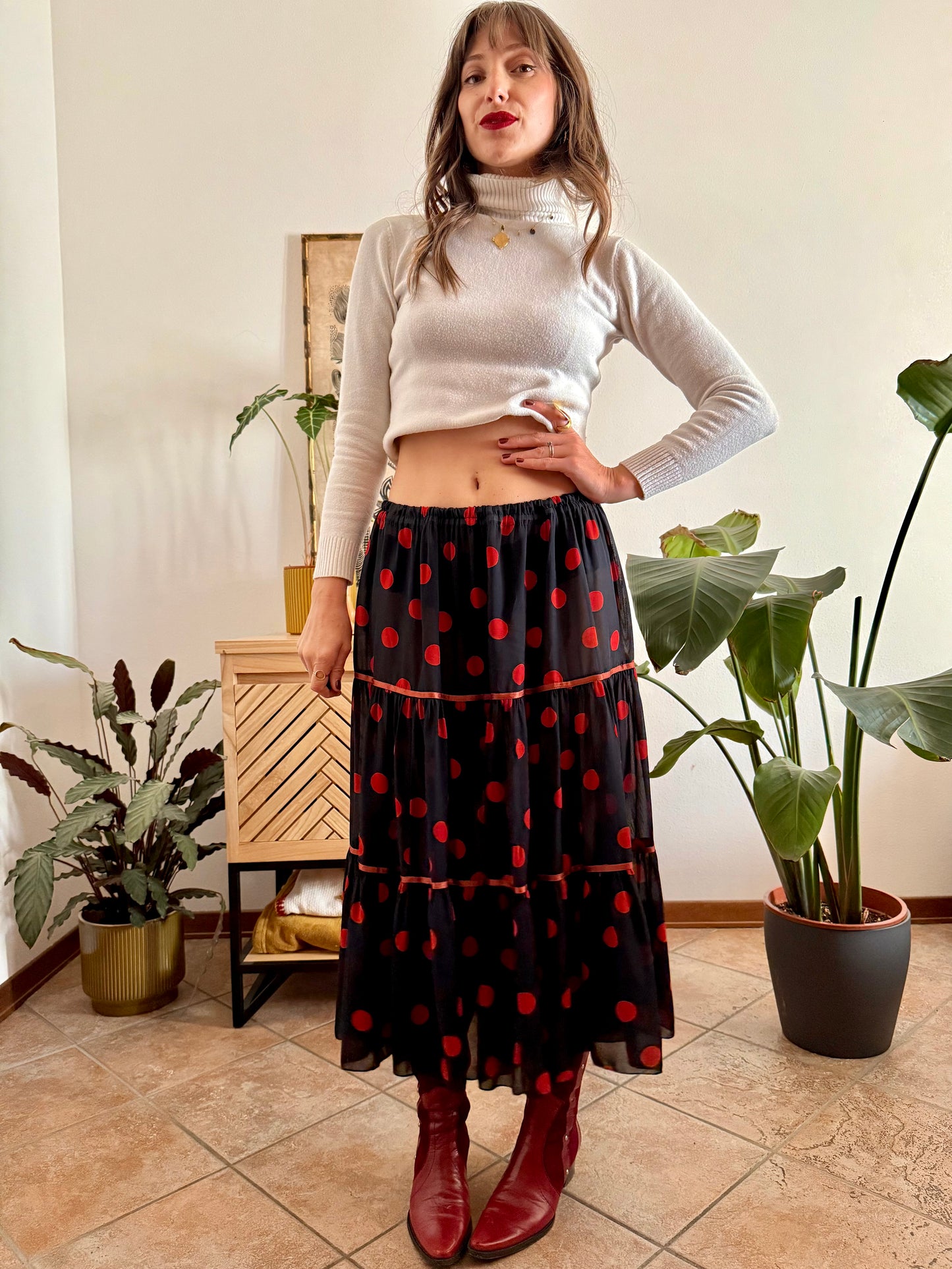 1970's vintage sheer black maxi skirt with red polkadots