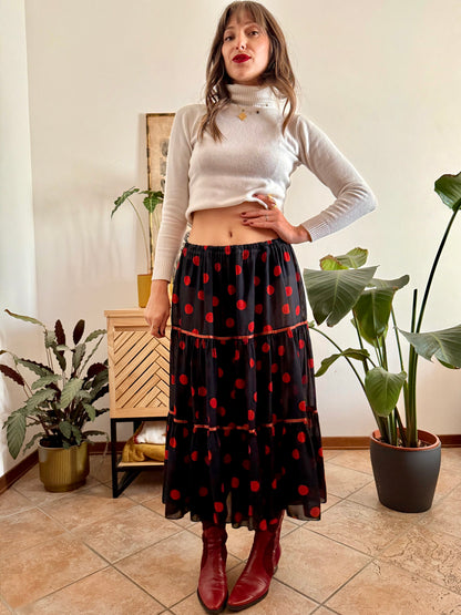 1970's vintage sheer black maxi skirt with red polkadots
