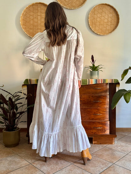 1970's vintage white cotton prairie maxi dress with pink floral print and Peter Pan collar
