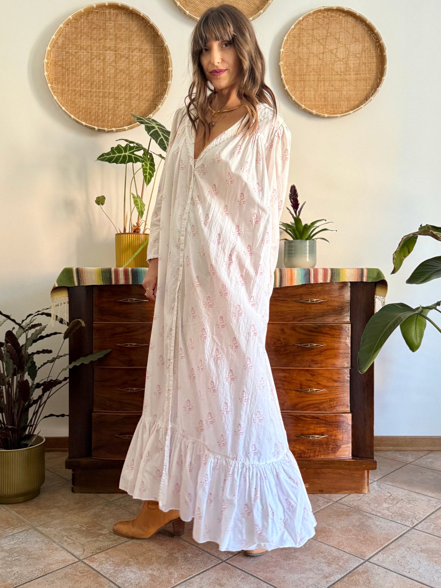 1970's vintage white cotton prairie maxi dress with pink floral print and Peter Pan collar