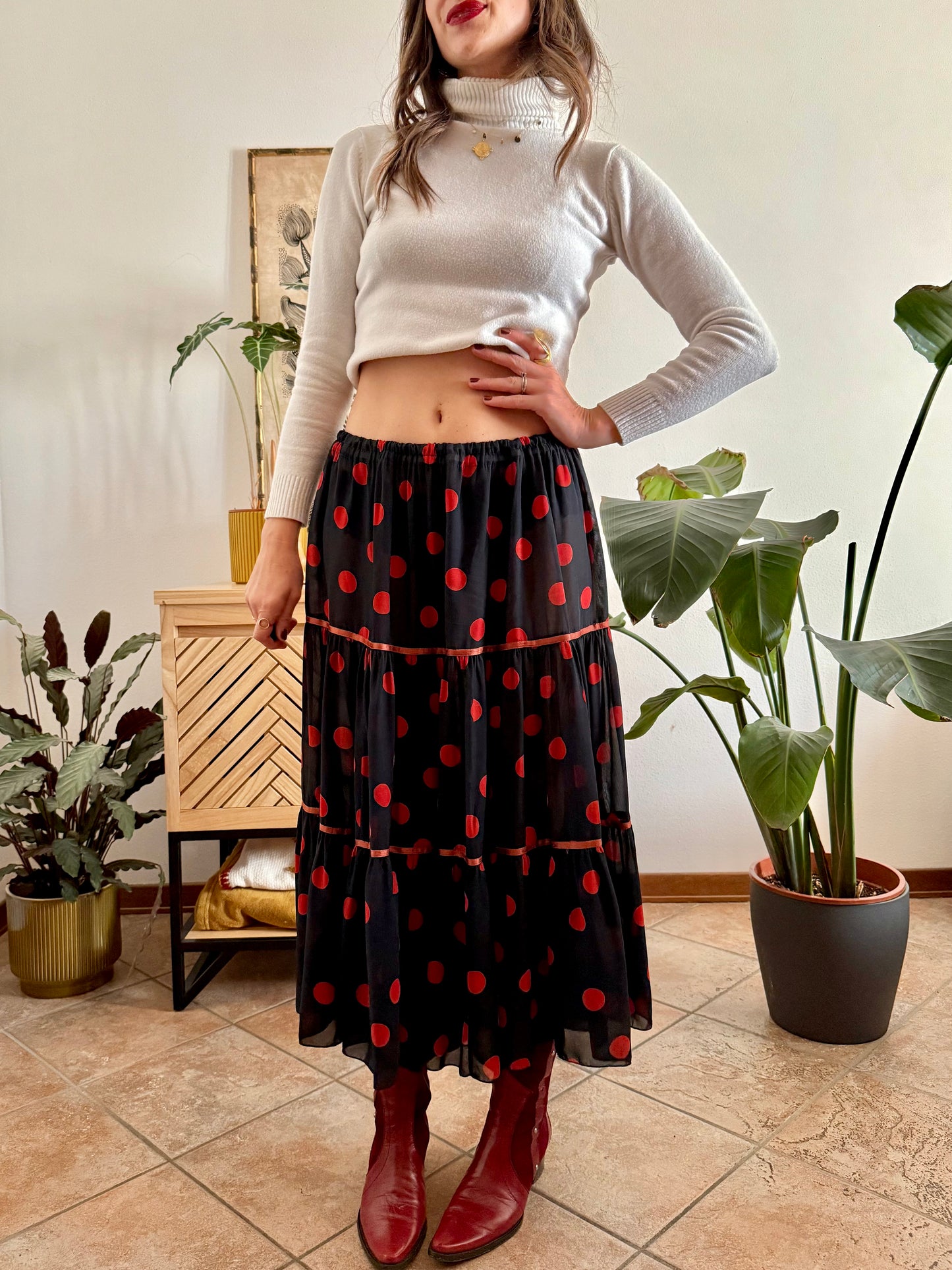 1970's vintage sheer black maxi skirt with red polkadots