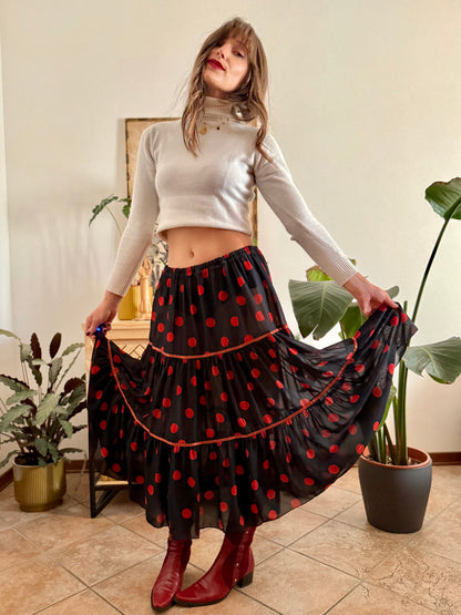 1970's vintage sheer black maxi skirt with red polkadots