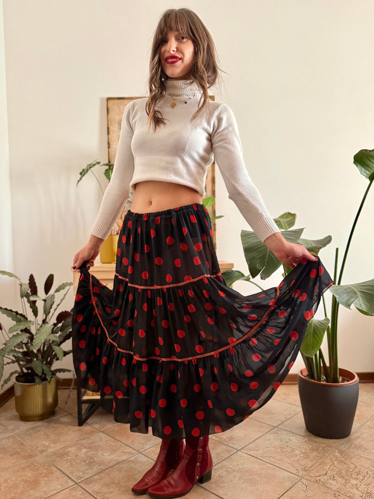1970's vintage sheer black maxi skirt with red polkadots