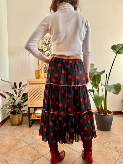 1970's vintage sheer black maxi skirt with red polkadots