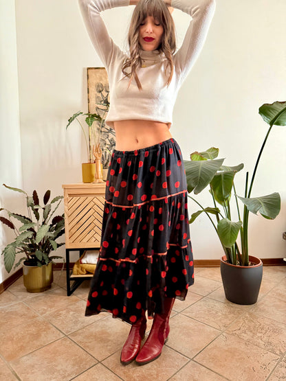 1970's vintage sheer black maxi skirt with red polkadots