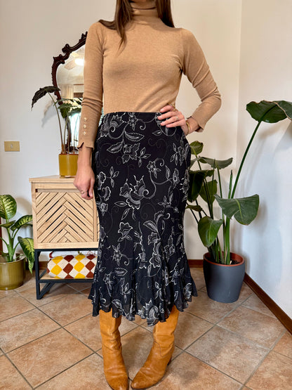 1990's vintage black and white asymetrical floral midi skirt
