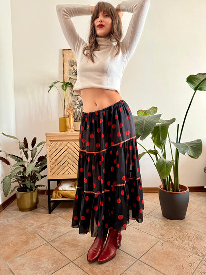 1970's vintage sheer black maxi skirt with red polkadots