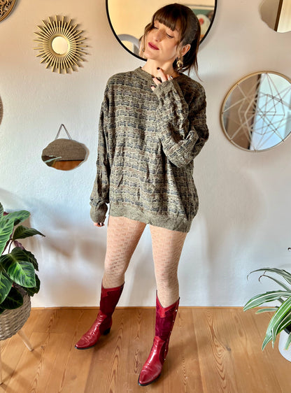 1990's vintage grey, brown and navy unisex oversize knit pullover