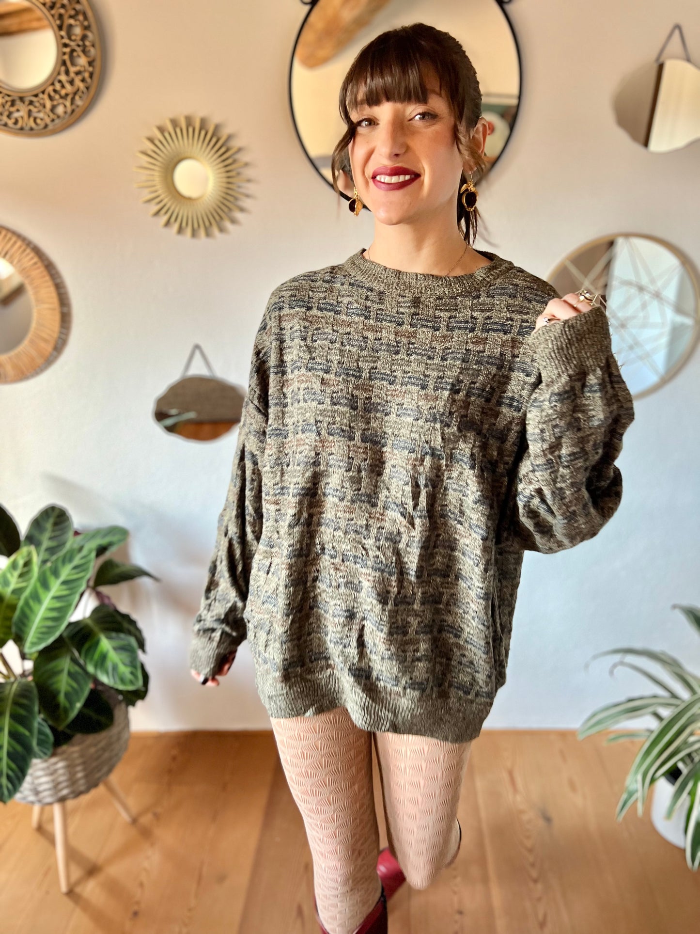 1990's vintage grey, brown and navy unisex oversize knit pullover