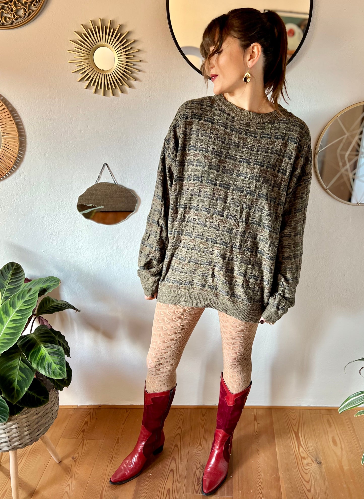 1990's vintage grey, brown and navy unisex oversize knit pullover