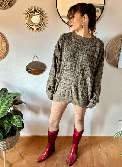 1990's vintage grey, brown and navy unisex oversize knit pullover