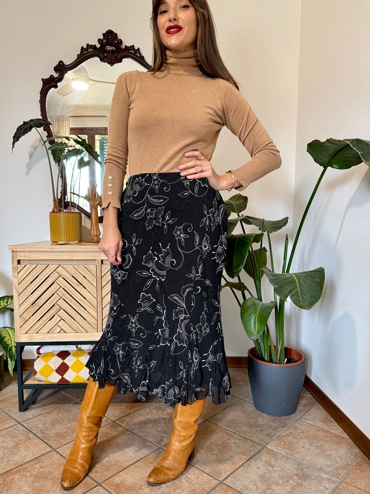 1990's vintage black and white asymetrical floral midi skirt