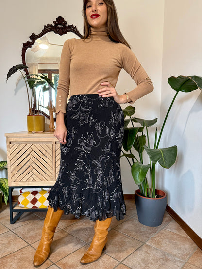 1990's vintage black and white asymetrical floral midi skirt