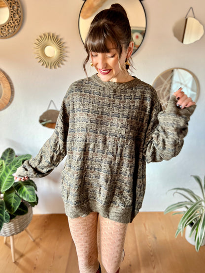 1990's vintage grey, brown and navy unisex oversize knit pullover