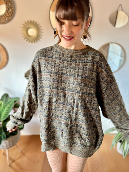 1990's vintage grey, brown and navy unisex oversize knit pullover